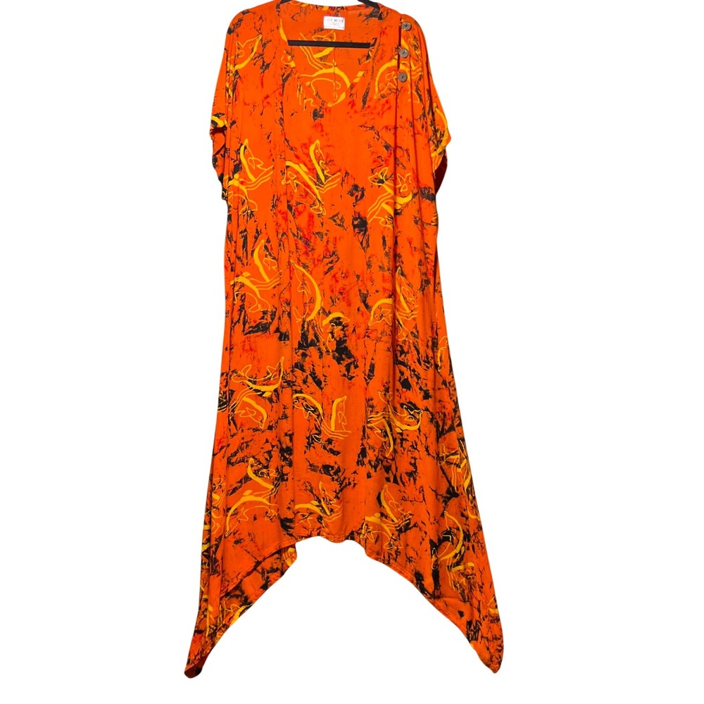 OK Mike Orange Dolphin Batik Kaftan Dress Rayon Handkerchief Hem One Size V-Neck